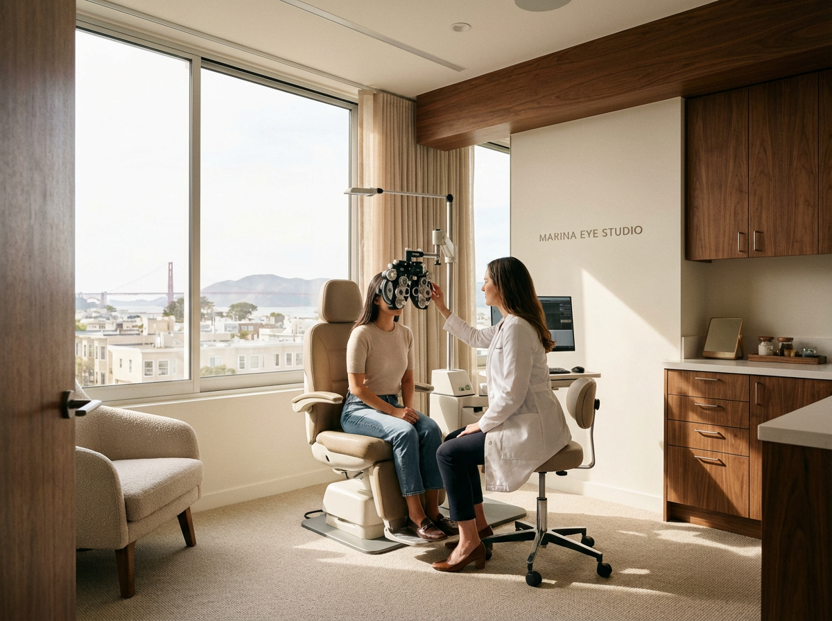 Comprehensive eye exam at City Optix in San Francisco's Marina District with Dr. Jeff Rich using advanced vision testing equipment