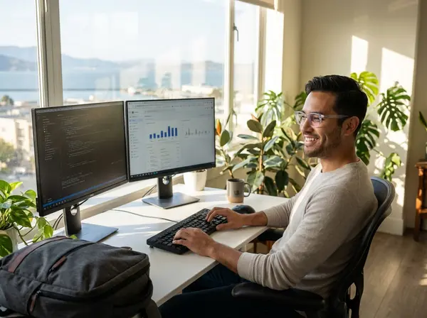 Comfortable San Francisco tech worker wearing computer glasses from City Optix, free from digital eye strain
