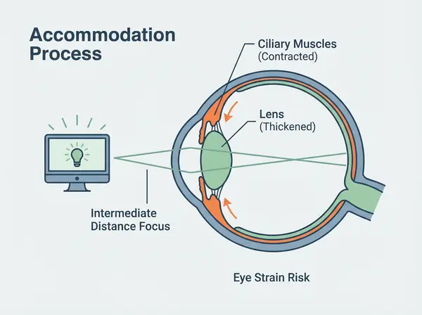 Diagram showing how eyes focus on computer screens causing accommodation fatigue and digital eye strain