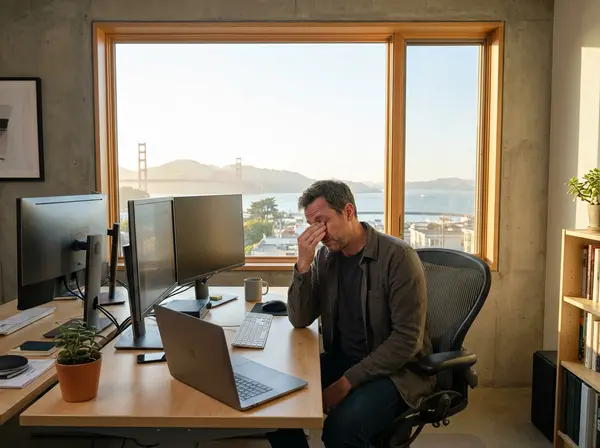 San Francisco tech worker experiencing digital eye strain while working on multiple computer screens in Marina District