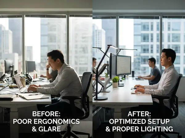 Before and after comparison showing proper computer ergonomics to reduce eye strain for San Francisco workers