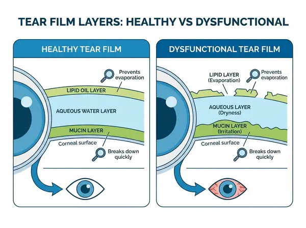 Diagram showing three layers of tear film and how dry eye disease affects eye moisture