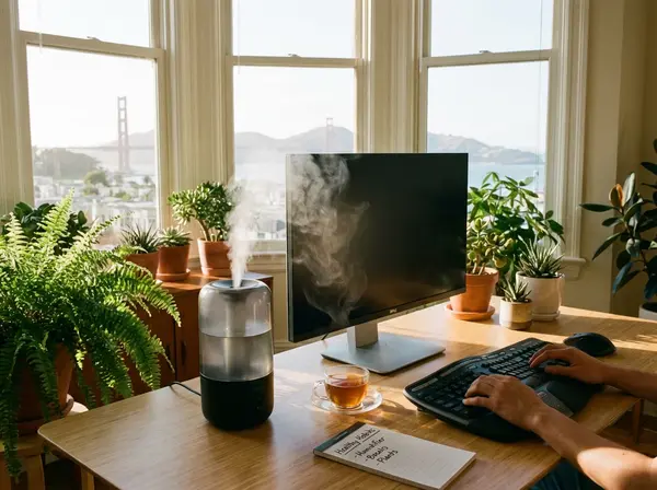 Humidifier improving indoor air quality to prevent dry eye symptoms in San Francisco home office