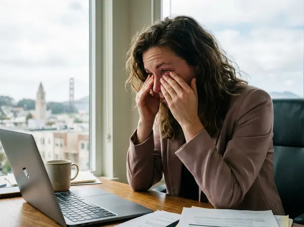 San Francisco professional experiencing dry eye symptoms including burning and irritation at work