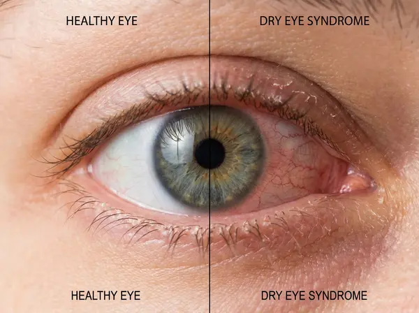 Comparison of healthy eye versus eye affected by chronic dry eye disease showing redness and irritation