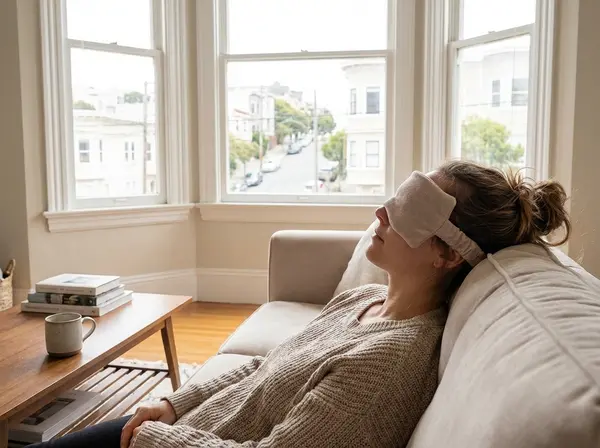 Patient applying warm compress therapy for meibomian gland dysfunction and dry eye relief
