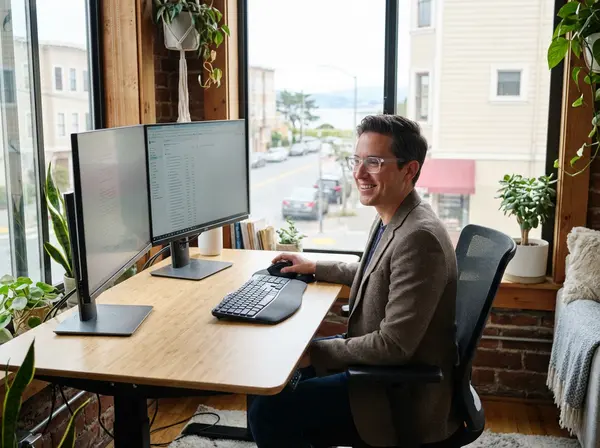 San Francisco professional wearing computer glasses for eye protection while working at screens
