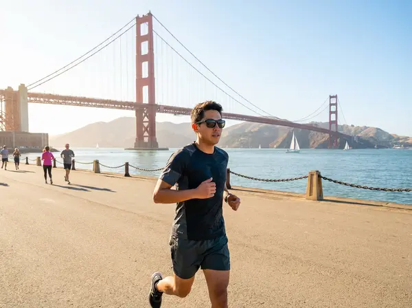 Active San Francisco resident wearing prescription sunglasses along Marina waterfront requiring durable eyewear