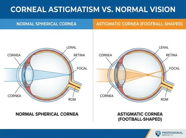Diagram showing difference between normal eye and astigmatic eye corneal curvature