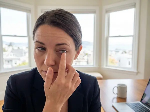Woman inserting toric contact lens for astigmatism correction in San Francisco