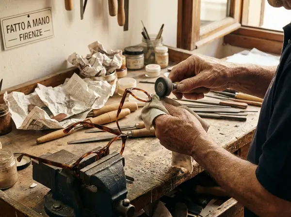 Artisan hand-crafting designer eyewear frames showing traditional manufacturing methods