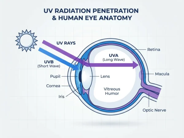 How UV radiation damages eye structures - medical illustration showing UVA and UVB penetration