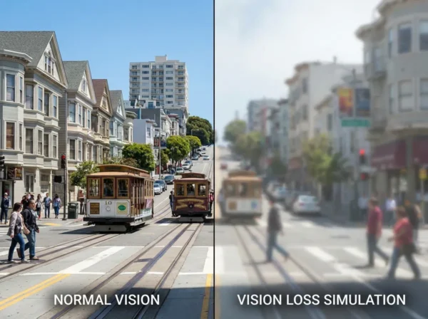 Comparison showing clear vision versus blurry vision effects on daily activities in San Francisco