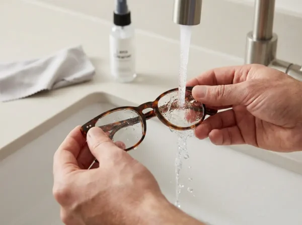 Correct technique for cleaning luxury eyeglass frames with lukewarm water