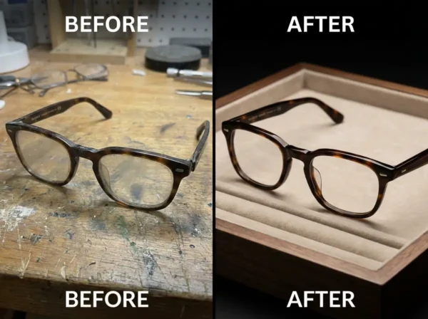 Before and after professional eyeglass frame maintenance and restoration at City Optix