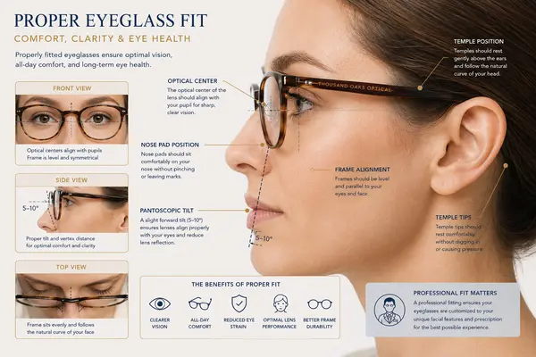 Diagram showing proper eyeglass fit anatomy and adjustment point