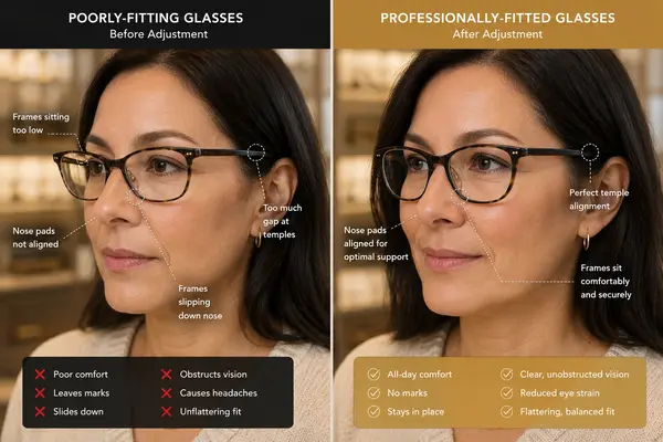 Before and after professional eyeglass frame adjustment showing improved fit