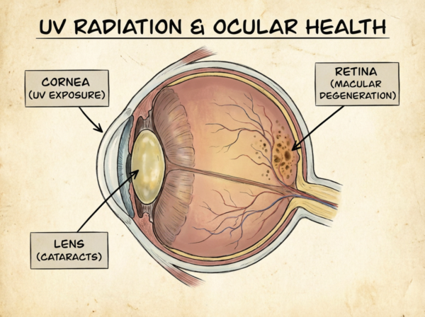 Eye anatomy diagram showing UV damage locations causing cataracts and macular degeneration