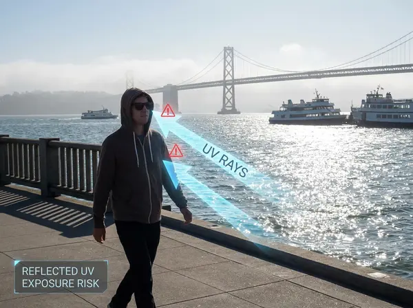Water reflection doubles UV exposure for Marina District walkers along San Francisco bay