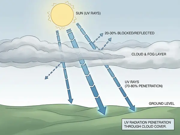 Diagram showing UV radiation penetrating fog and clouds to damage unprotected eyes