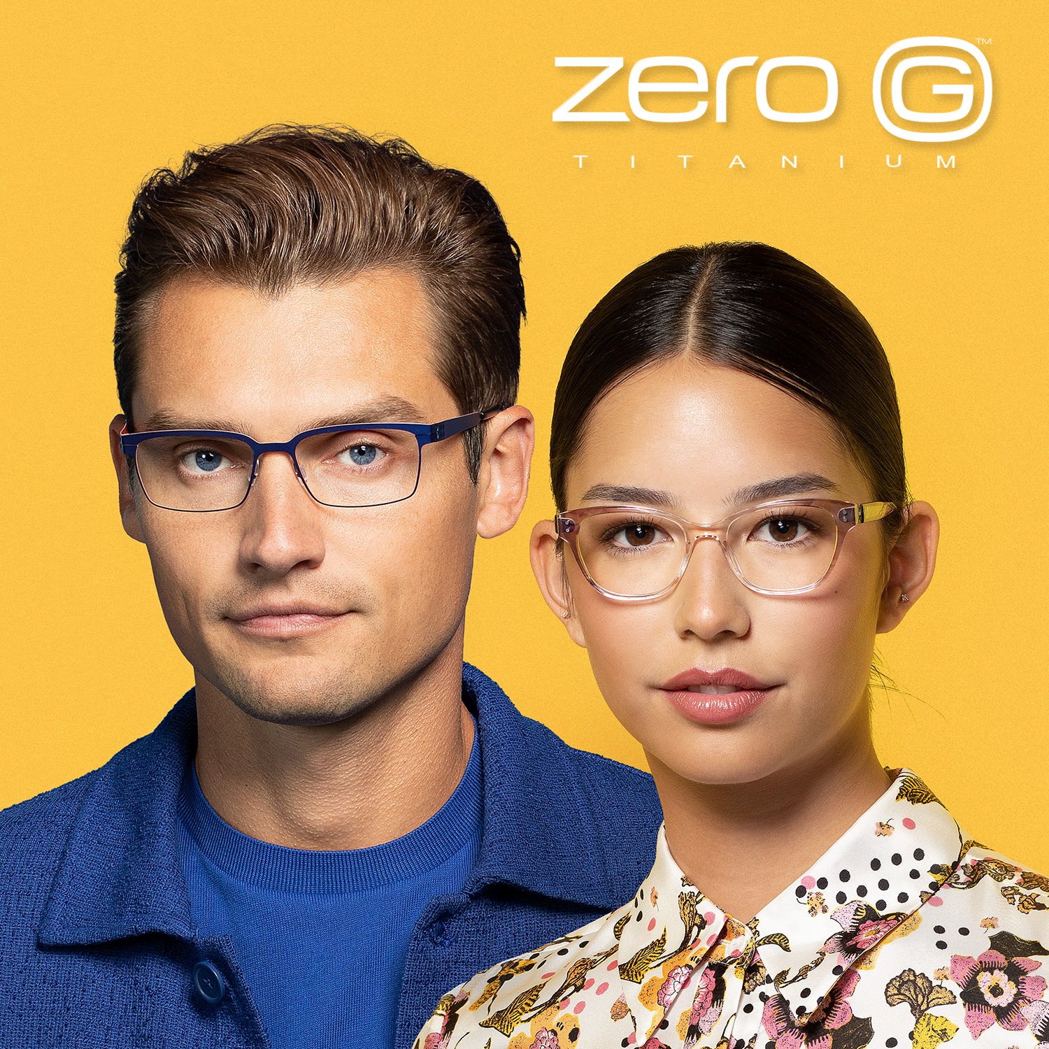 A man and woman wearing Zero G titanium eyeglass frames