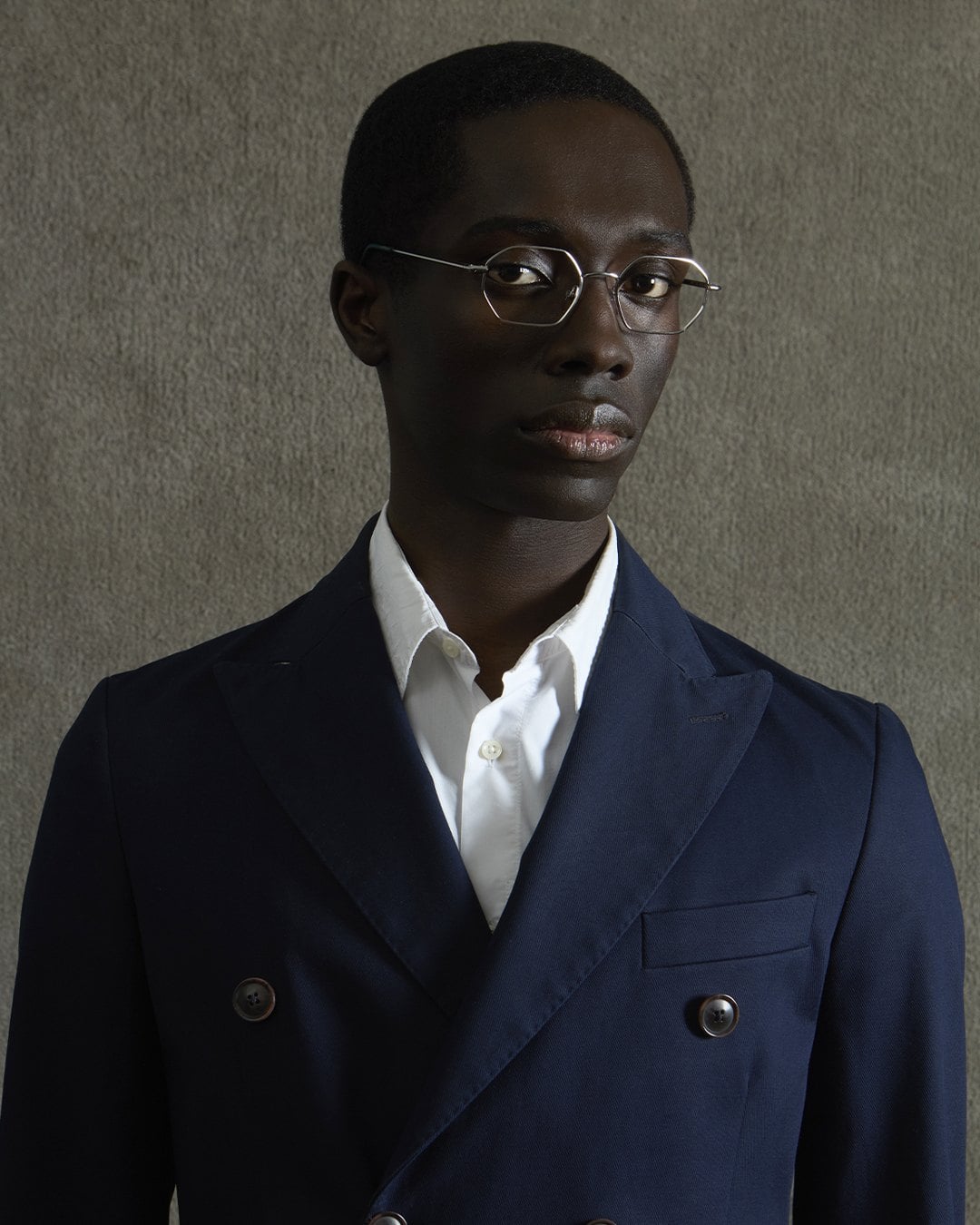 A model wearing a Giorgio Nannini optical frame, a brand made in Reggio Emilia, Italy.