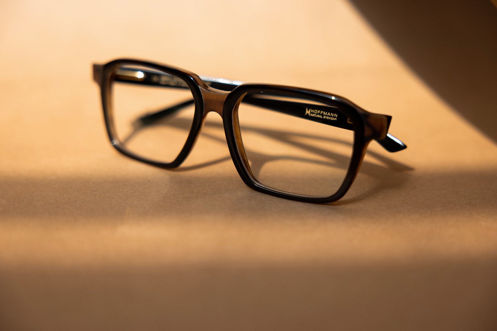 A Hoffmann Natural Eyewear horn frame photographed in warm light, the grain of the material visible through the rim.