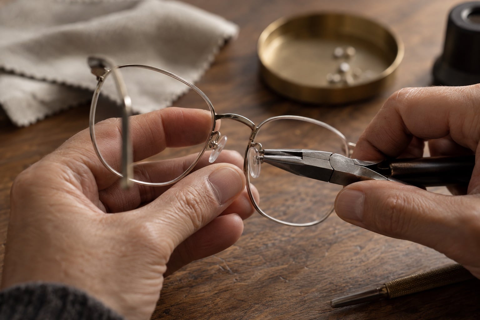 Hands using small pliers to adjust the clear nose pad on a thin metal eyeglass frame.