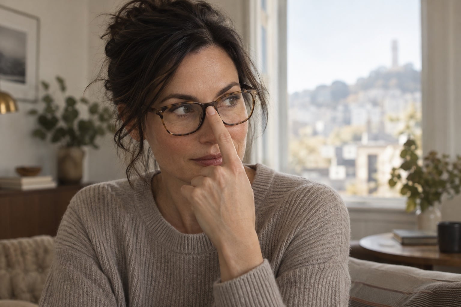 A woman in tortoiseshell glasses pushes them back up the bridge of her nose with one finger.