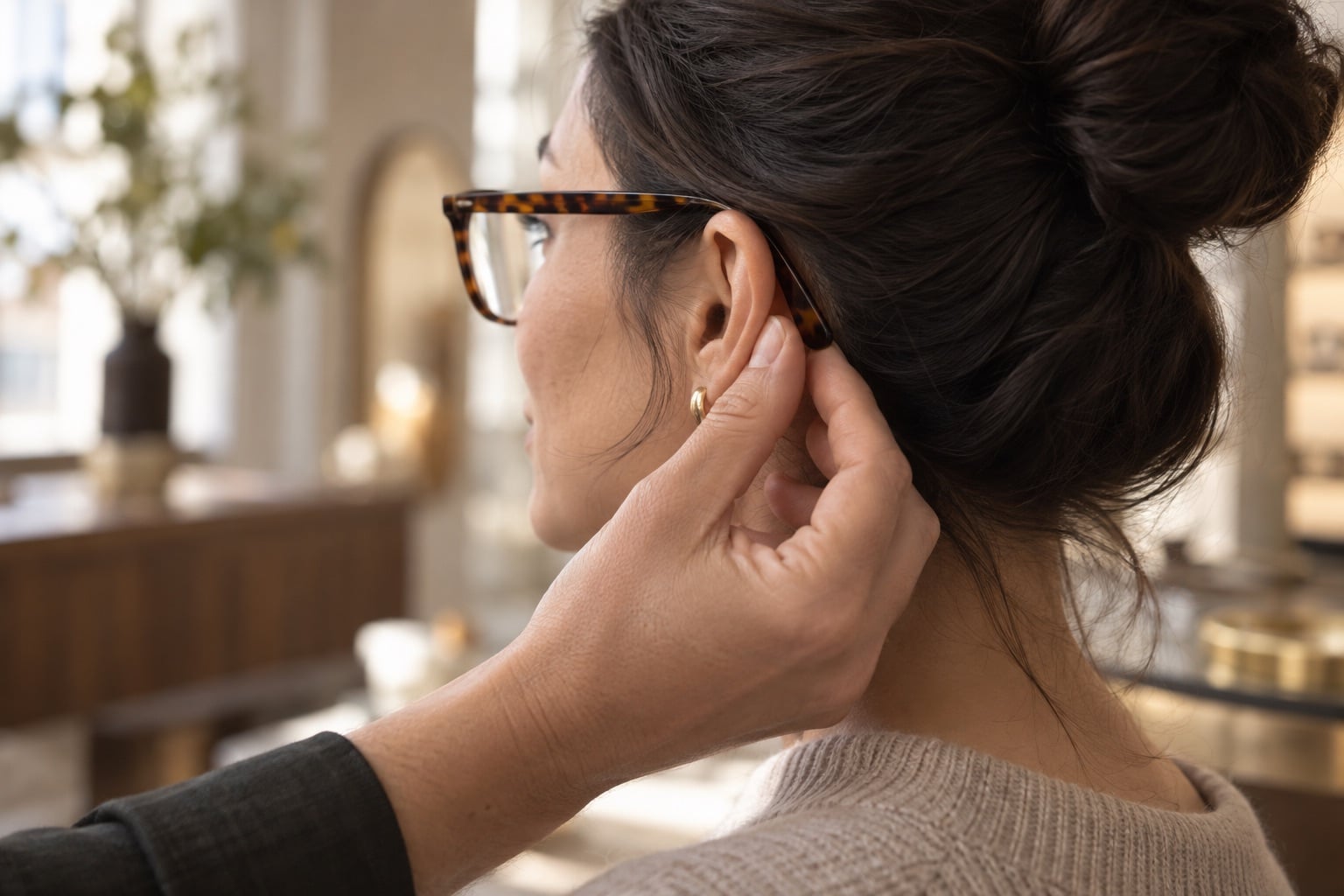 A hand checks where the temple of a pair of tortoiseshell glasses rests behind the ear.