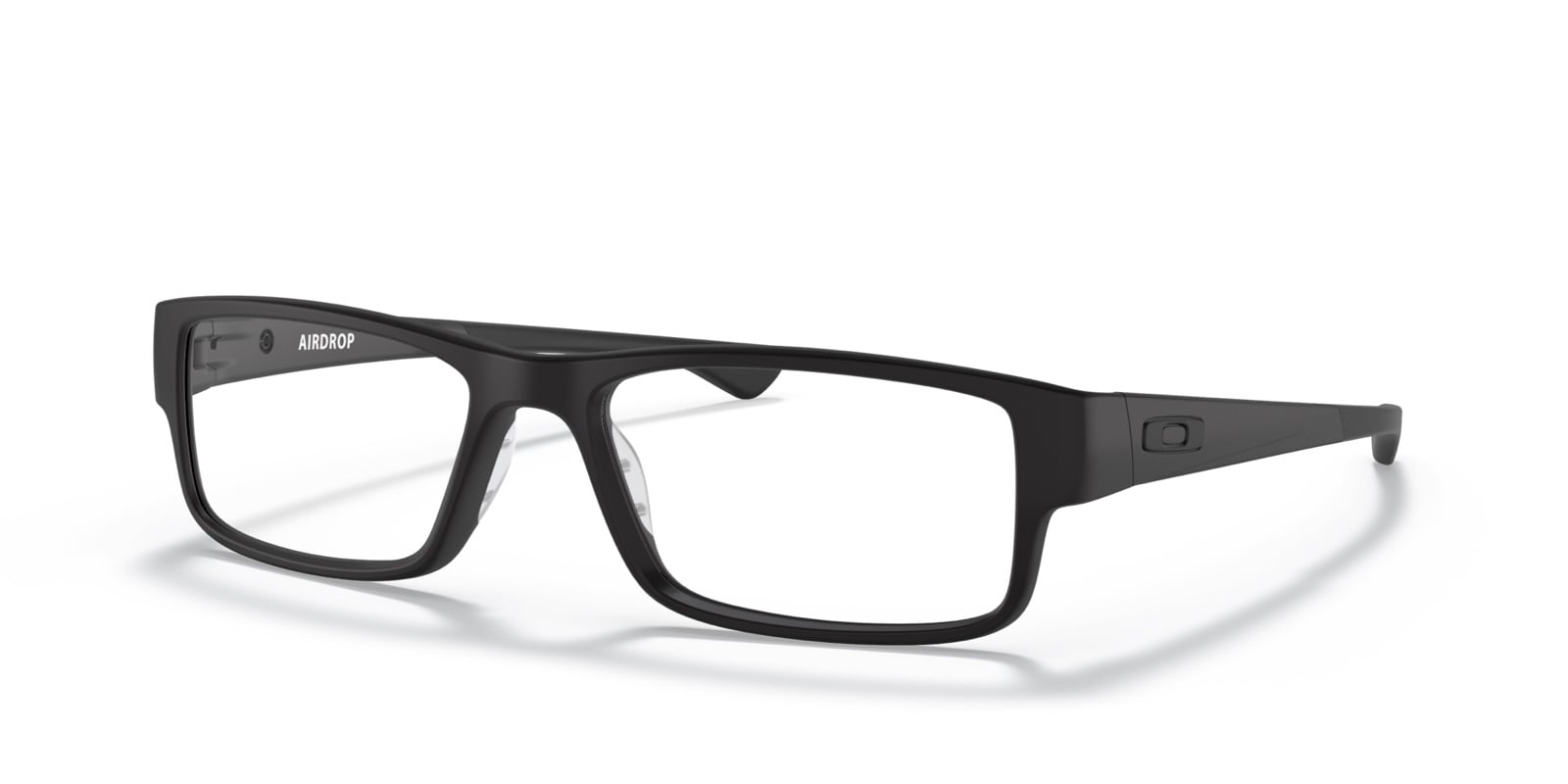 Oakley Airdrop optical eyeglasses in satin black, shown at an angle.
